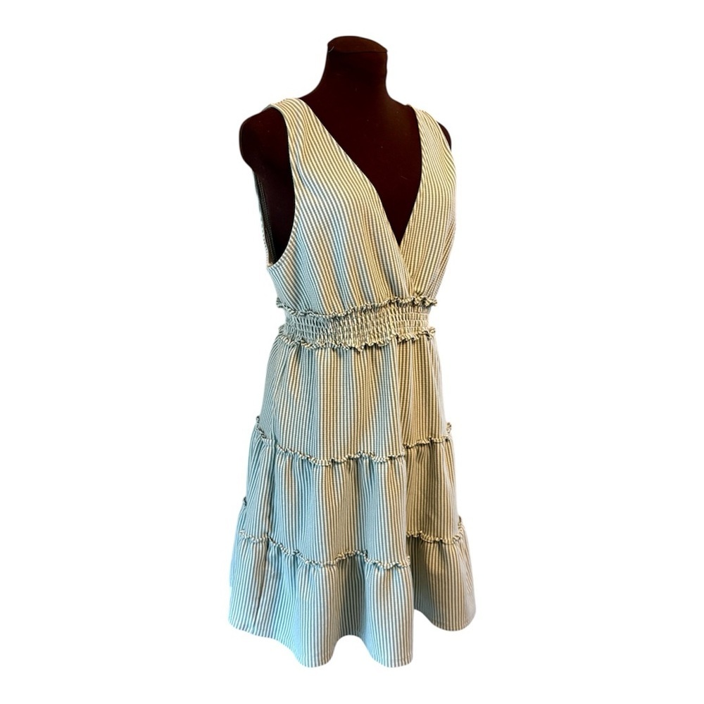 American Eagle Outfitter Green/White Stripe Ruffle V Neck Dress Women size Large